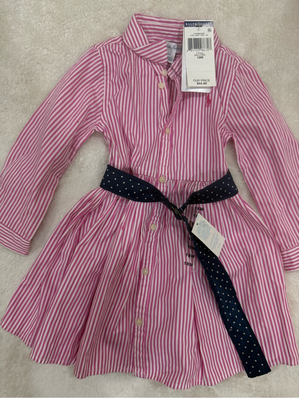 Ralph Lauren Pink and White Striped Shirt Dress with Navy Polka Dot Belt - Kids